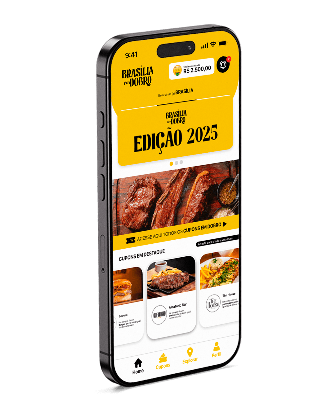 App Brasília em Dobro: tela inicial, mapa interativo e lista de cupons